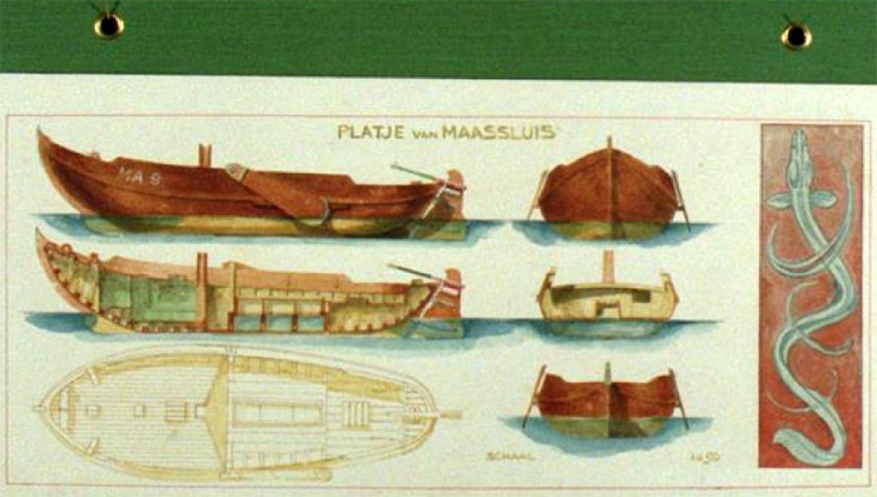 Aquarel van ir. Emile van Konijnenburg met afbeelding Platje van Maassluis (MA9)