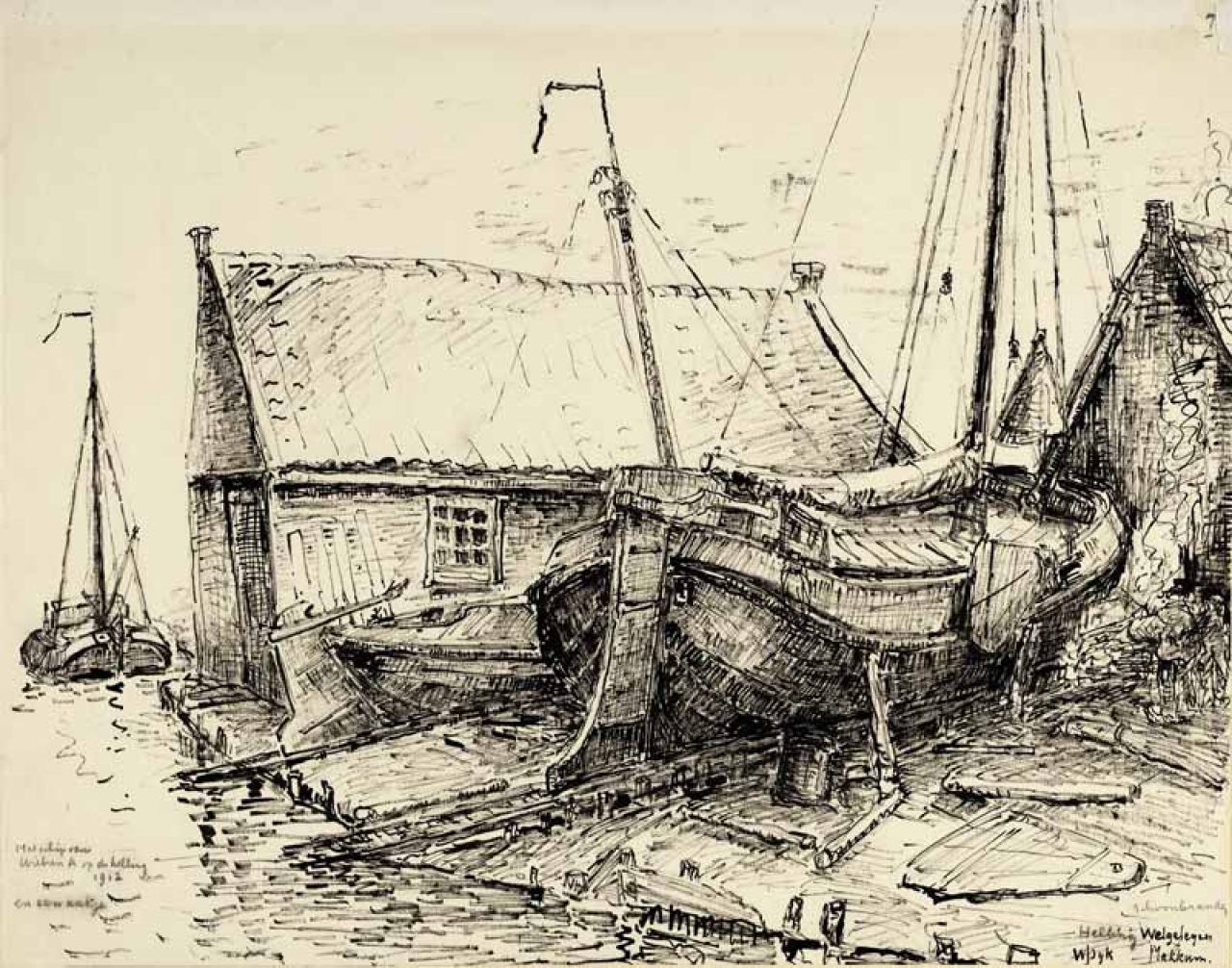 Tekening van de werf van Ynte Alkema in 1912 door W.J. Dijk