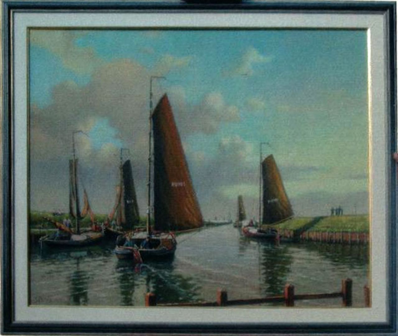 Botters BU 6, 105 en 180 varen onder zeil de haven uit (Museum Spakenburg,  kunstschilder Roelof Koelewijn )