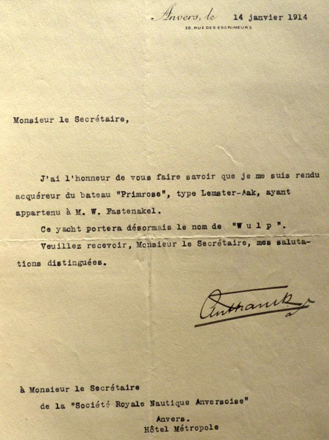 Document verkoop 'Primrose' en naamsverandering in 'Wulp' 1914