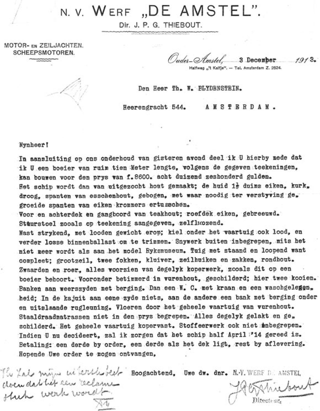 Offerte Werf 'de Amstel' 03-12-1913