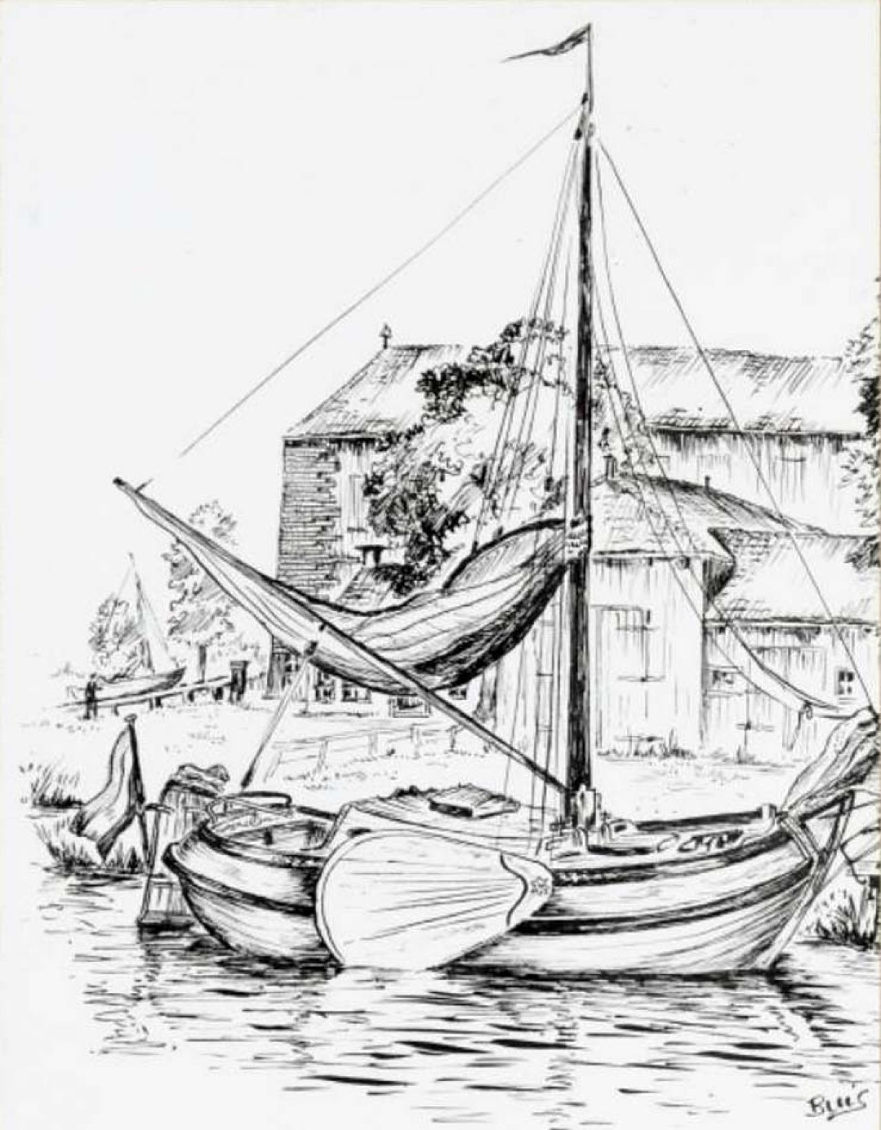 Tekening van de Boeier 'Maartje' voor de oude werf in Joure (tekening Ger Dijs, collectie FSM)
