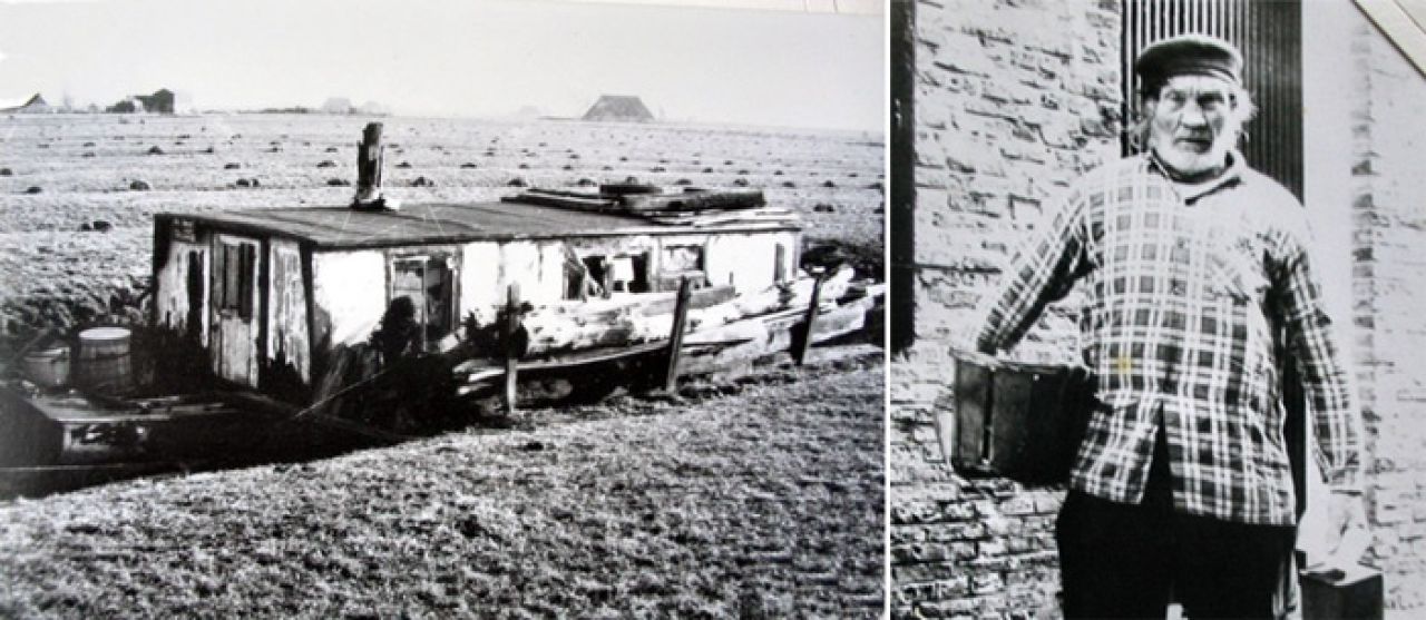 Het "woonarkje" van Doede Smith (Noppe) links en Doede zelf rechts