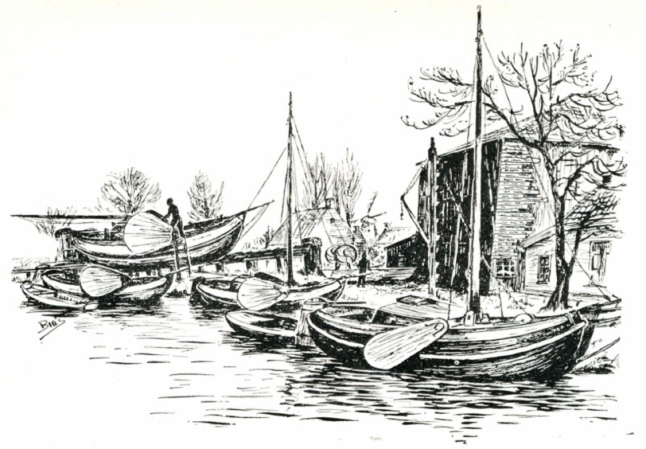 De oude werf van Eeltsjebaes te Joure, die gerestaureerd zal worden. Op de plankjes op de hoge loods staan de namen van talrijke beroemde ronde schepen, die op deze werf werden gebouwd. (Tekening: Buis.)
