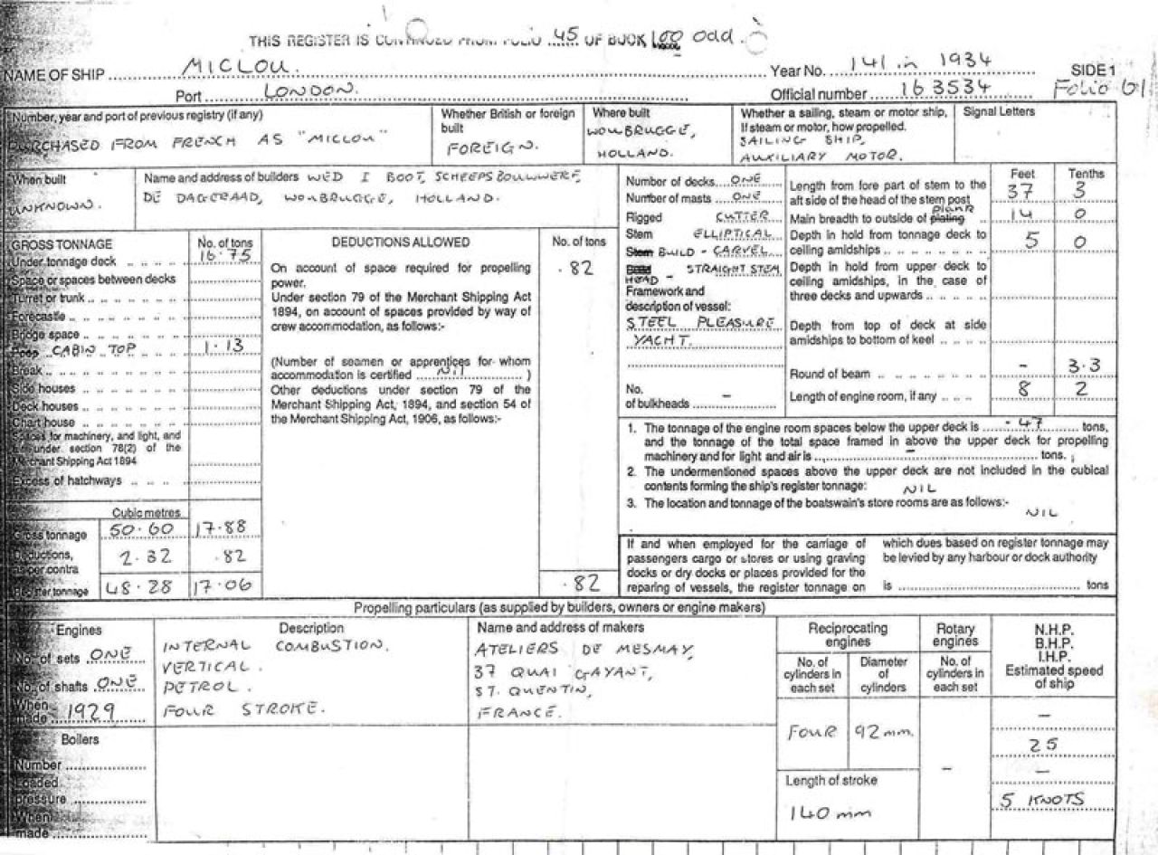 Inschrijving Boeieraak Miclou in Lloyds Register of Shipping 1934