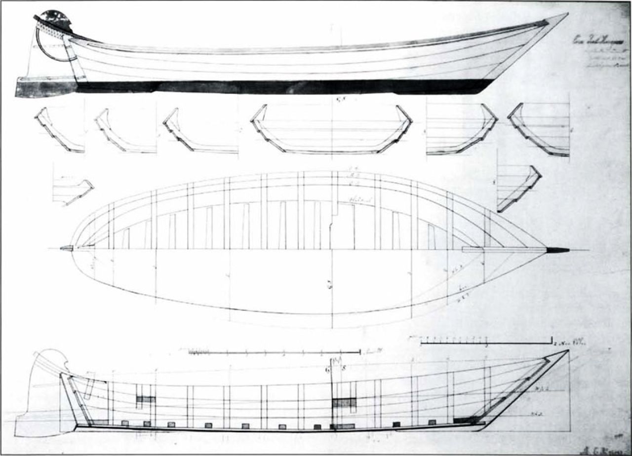 (fig. 6) Kinderdijkse hoogaars door C Kriens. Tekening in bezit van het Maritiem Museum Rotterdam, nr T 988