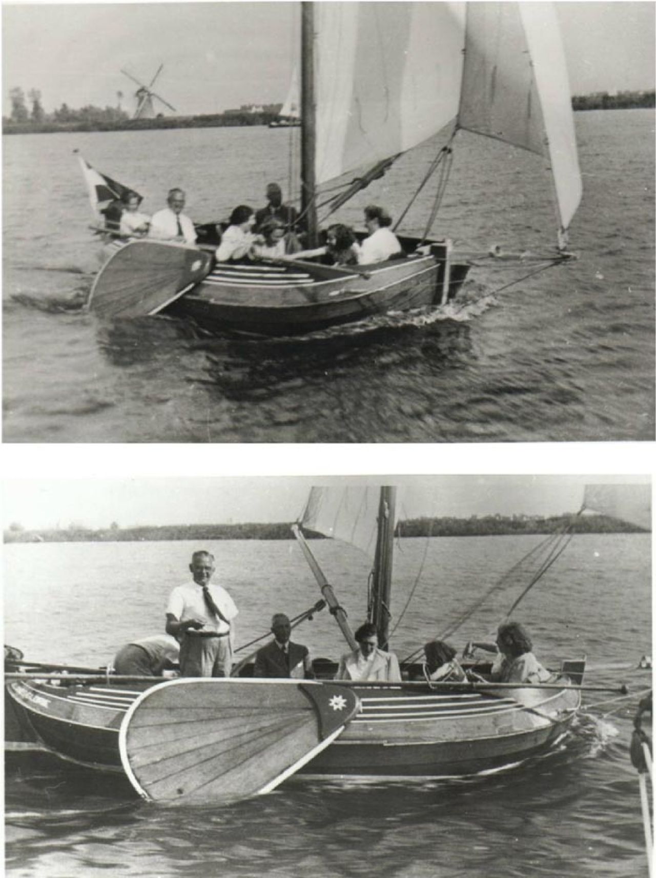 Augustus 1947. “Hollands Glorie”op de Kagerplassen met de Kok molen op de achtergrond. Vader Willem van Asten staat.