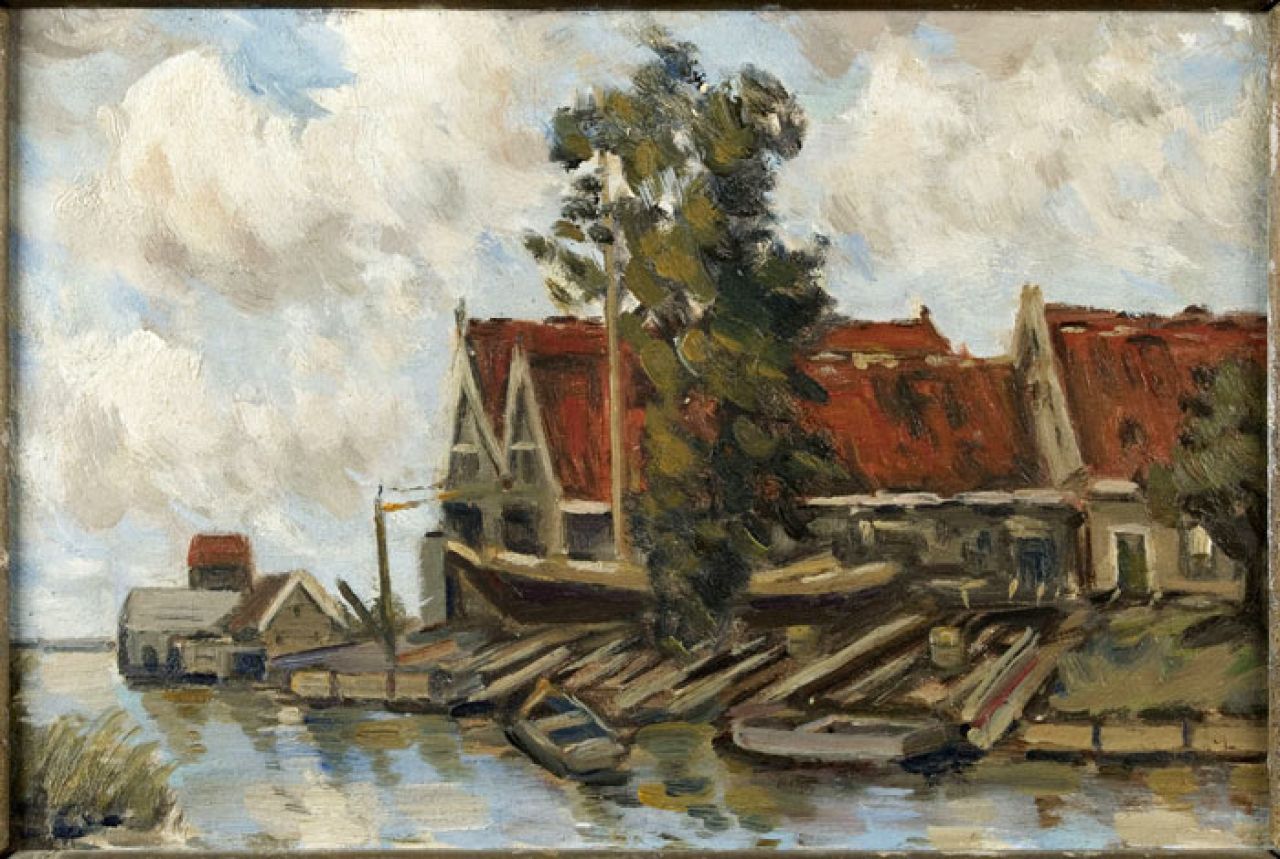 Fries Scheepvaart Museum: Olieverfschilderij. Voorstelling van de helling De Pôlle van de familie Postma bij Grou. Op de helling een snik en daarvoor een schouw en een hellingbak. Vervaardiger onbekend.