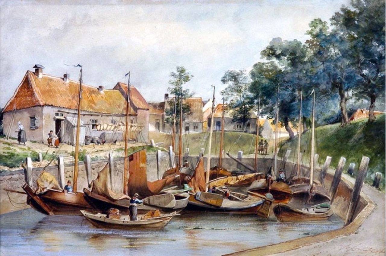 Op de Aquarel van Gerrit Jan Smits (Haven van Vollenhove, 1870) is geen schokker gelijk